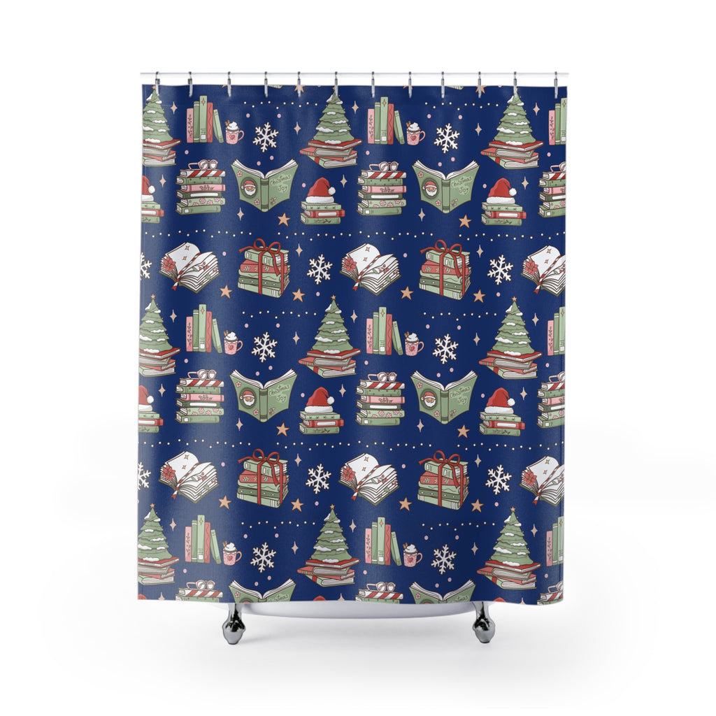 Shower Curtain - Royal Blue Christmas Books and Coffee Design