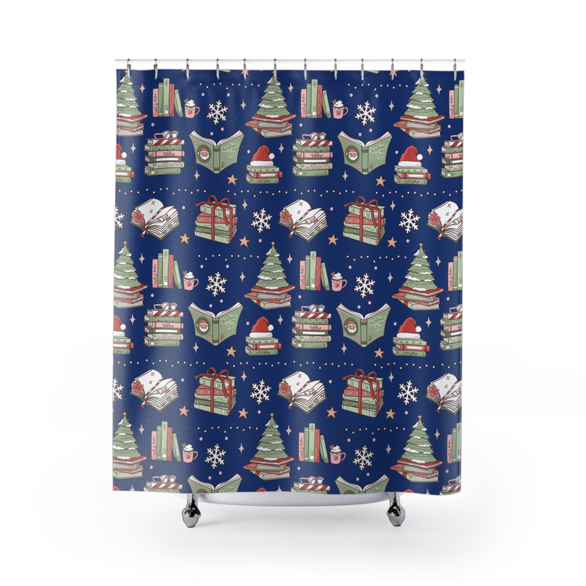 Shower Curtain - Royal Blue Christmas Books and Coffee Design