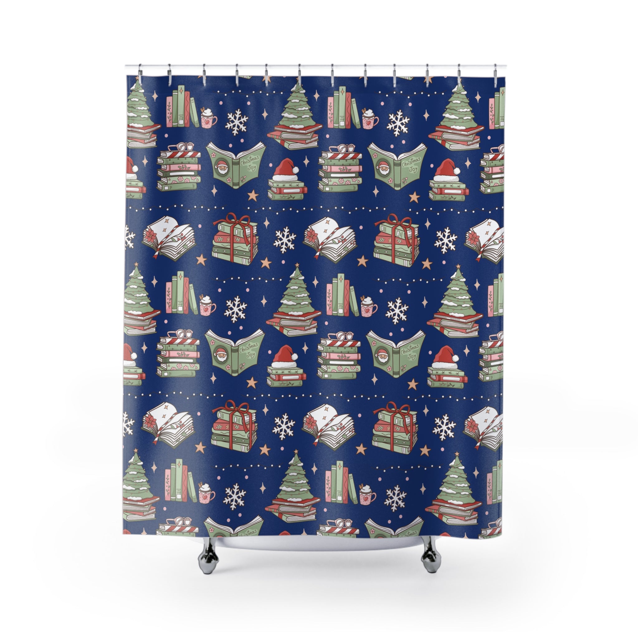 Shower Curtain - Royal Blue Christmas Books and Coffee Design