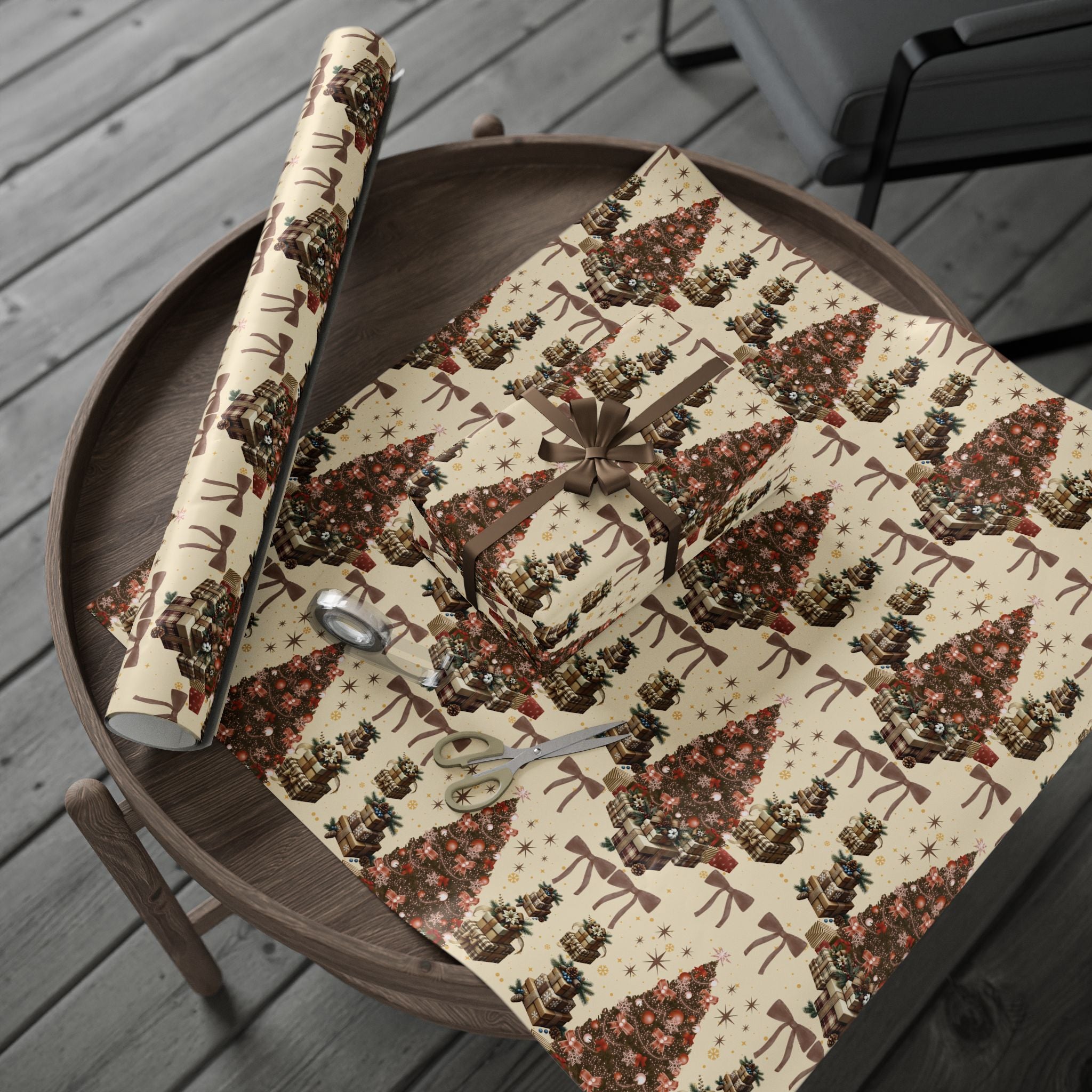 Brown Cozy Christmas Wrapping Paper Warm Holiday Gift Wrap with Tree Pattern  Festive Design
