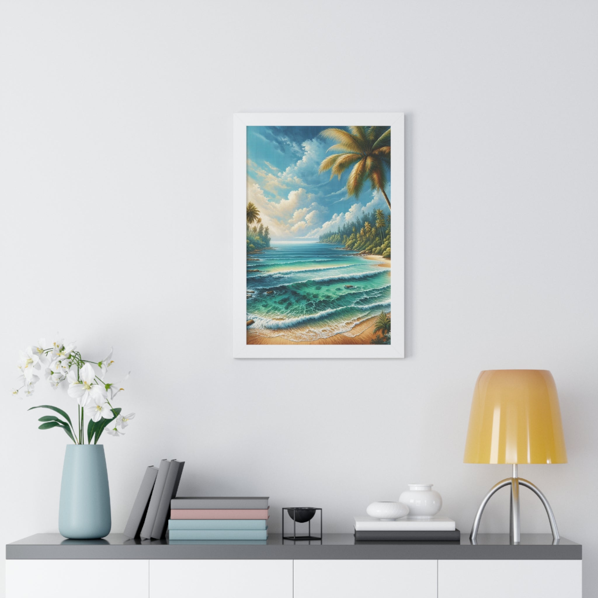 Coastal Bliss Ocean Beach View Framed Canvas Wall Art for Home Decor Framed Canvas Print Wall Art Classic Encased in Black, White, or Walnut Frames with Durable Acrylic Protection Ready to Hang  Timelessly Crafted..