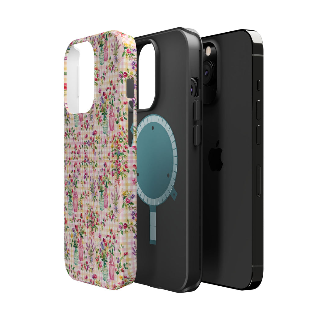Turquoise & Pink Floral Checker Phone Case — Magnetic Impact-Resistant