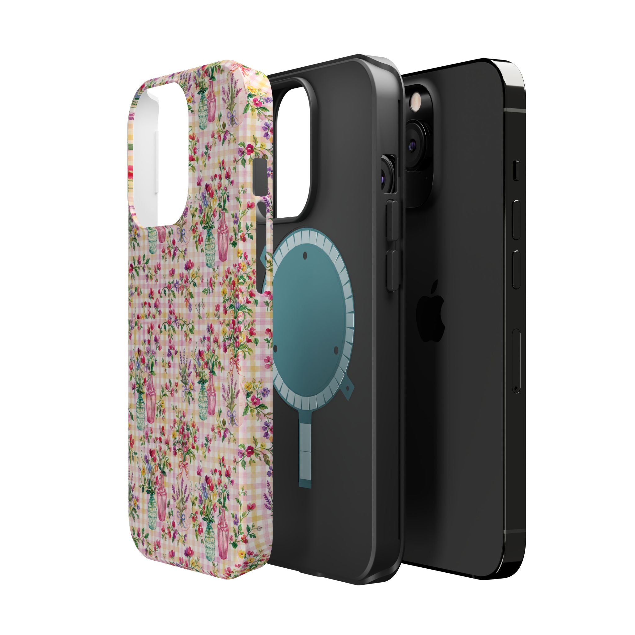 Turquoise & Pink Floral Checker Phone Case — Magnetic Impact-Resistant