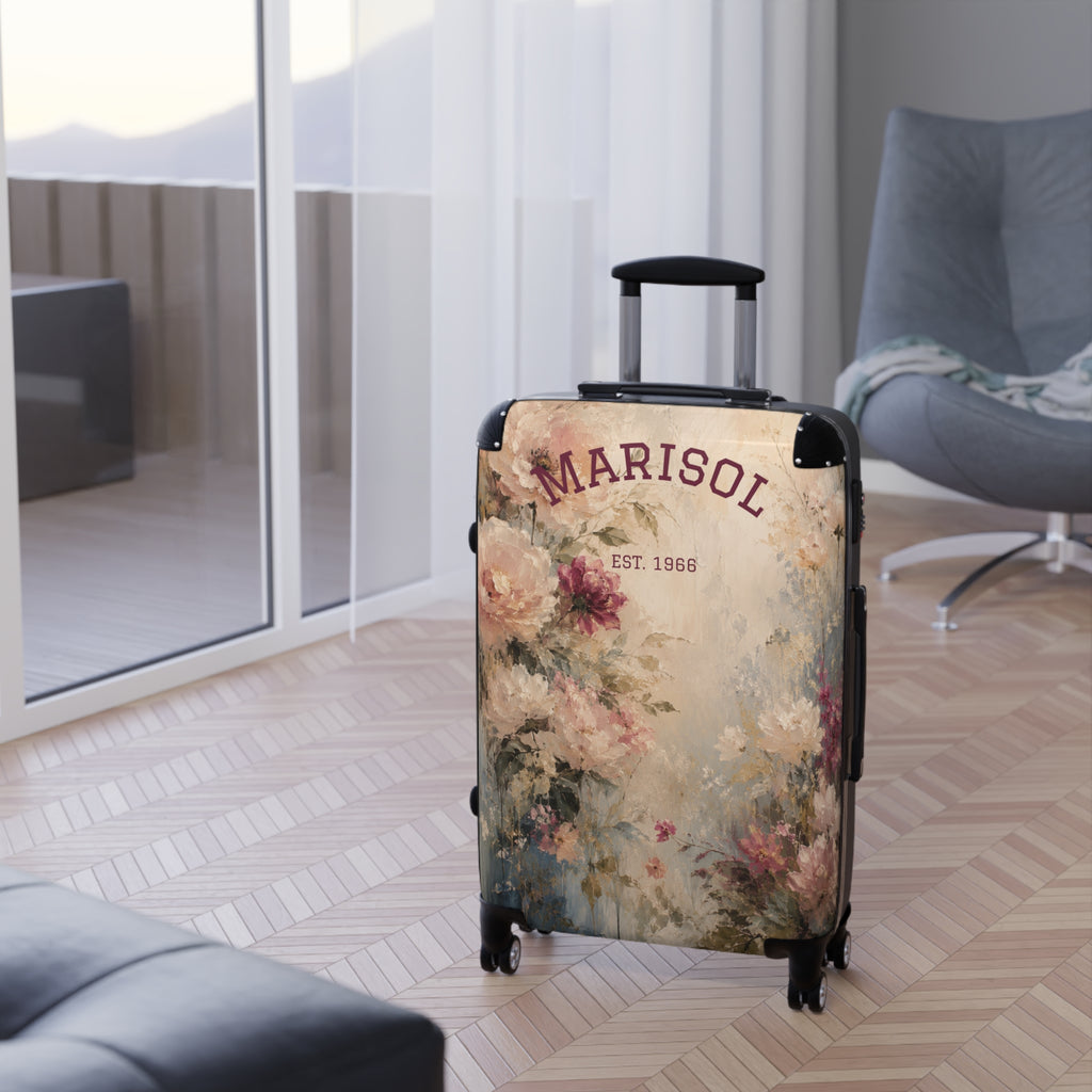 Personalized Floral Suitcase Cover — "Custom Name" Vintage Roses Travel Luggage