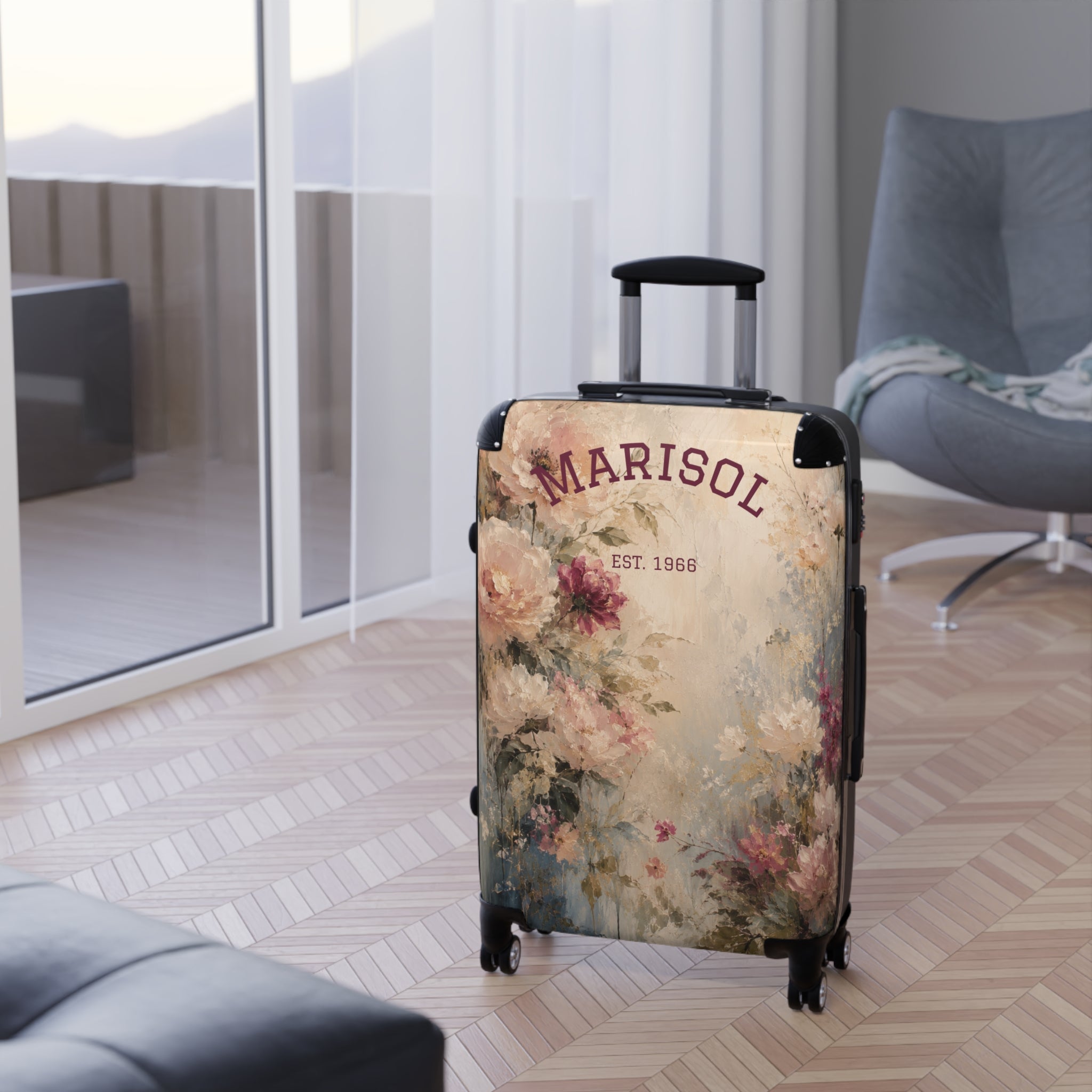 Personalized Floral Suitcase Cover — "Custom Name" Vintage Roses Travel Luggage