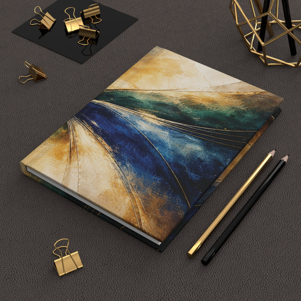 Notebook with artistic cover design on a dark surface with office supplies.