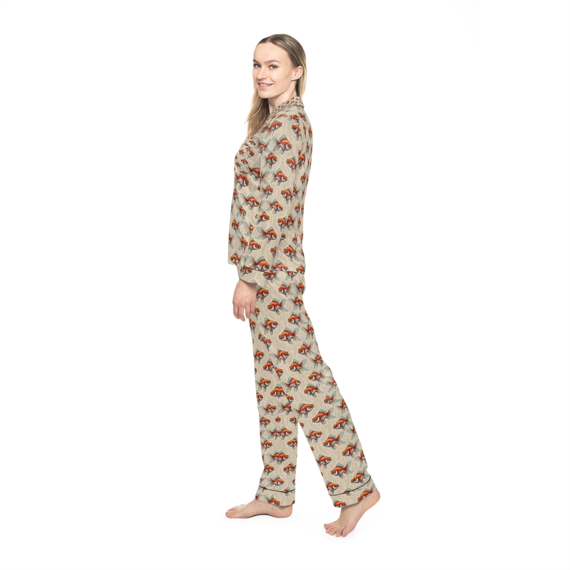 Women’s Luxury Satin Pajama Set – Telescope Goldfish Print Sleepwear Perfect Gift
