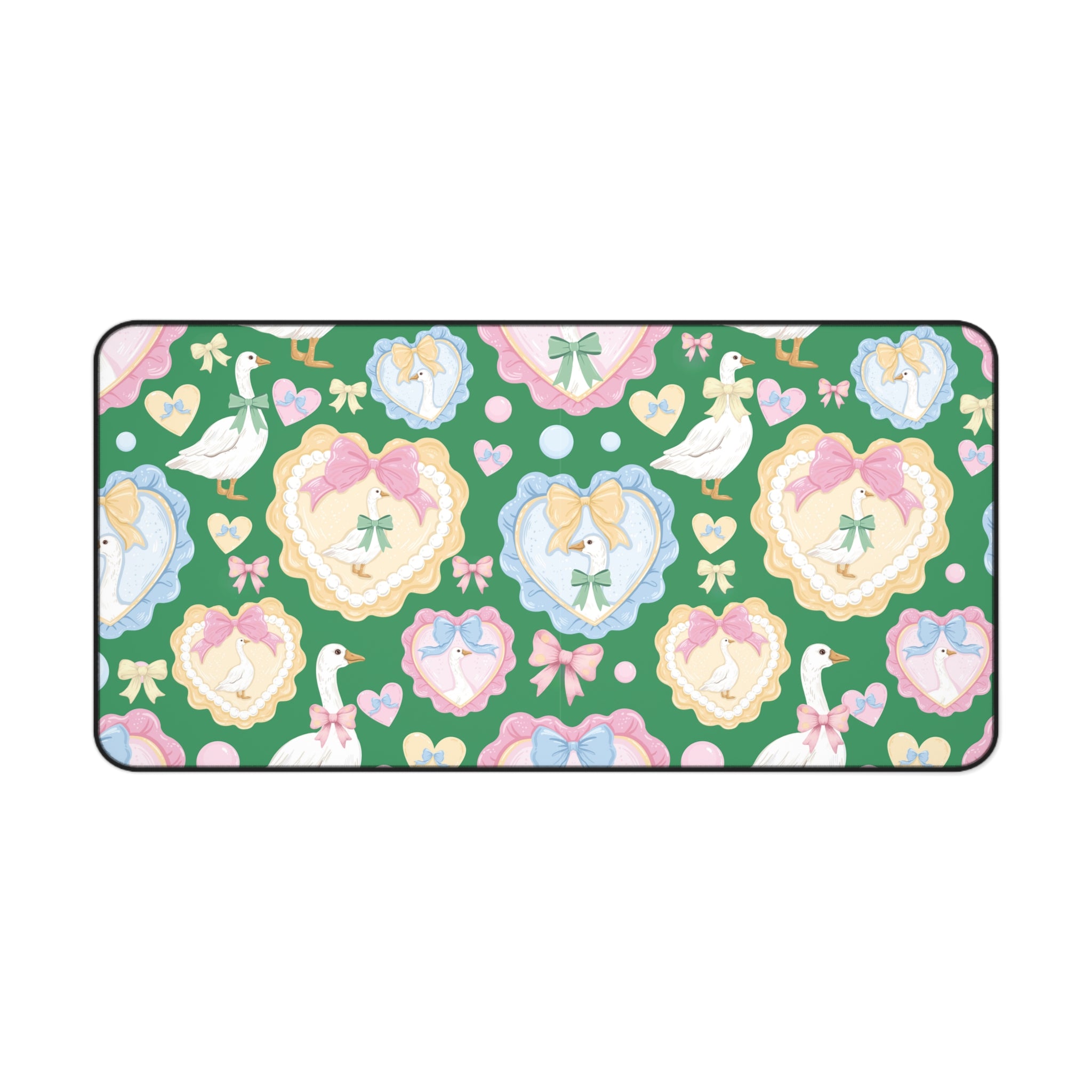 Silly Goose Green Desk Mat with Pastel Bows & Hearts Cozy & Stylish Desk Protector Desk Pad