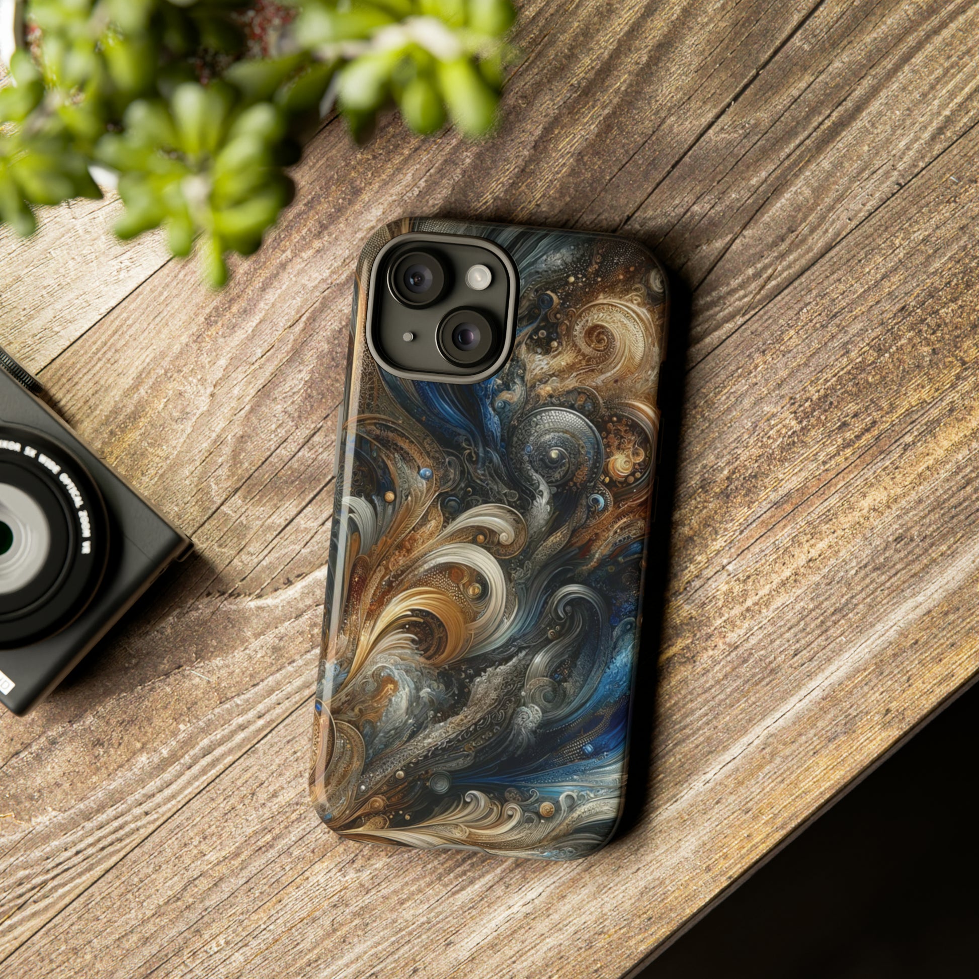 Gold and Navy Art Design Luxury Phone Tough Case Floral Elegant Durable Stylish for Modern Devices iPhone 15, Samsung iPhone Samsung Accessory Gift for Her.