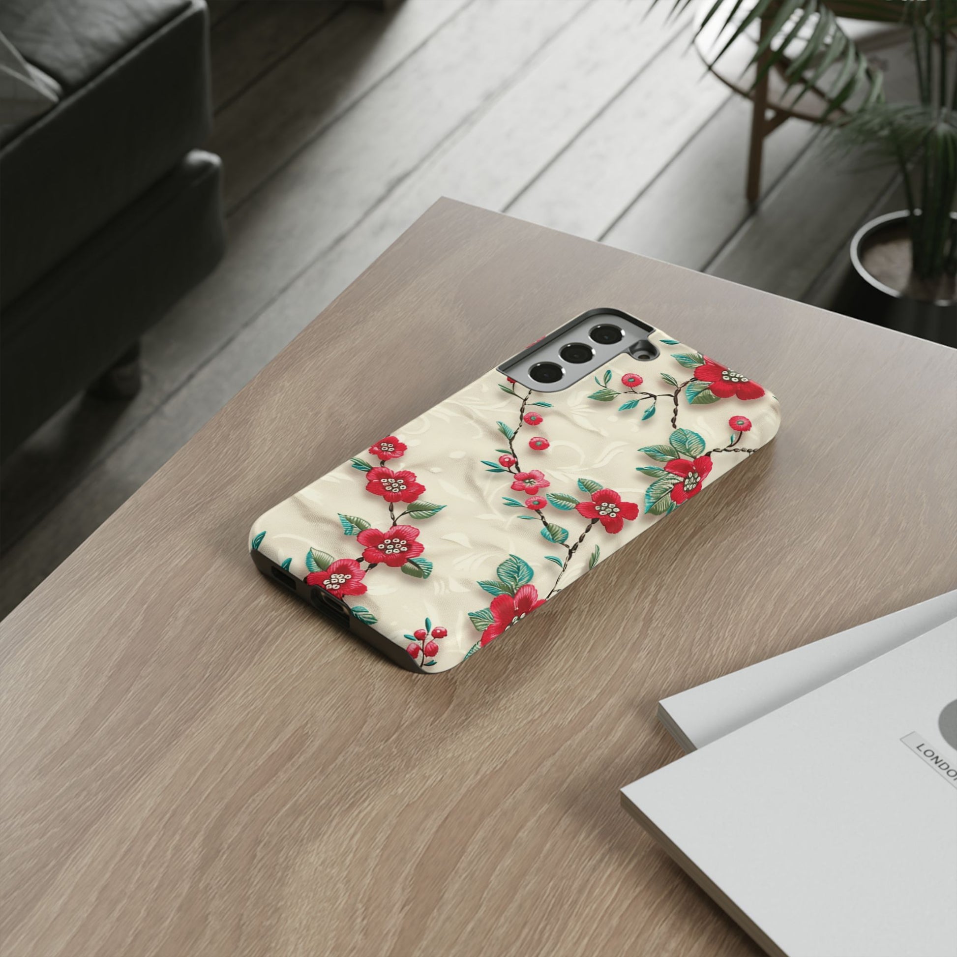3D Embroidery Illusion Red Flowers Phone Case for iPhone, Samsung Pixel Artistic Floral Protection 15 14 13 12, 21 23 Gift for Her Perfect for Floral Lover