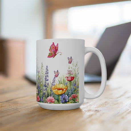 Wildflowers & Butterflies Mug - 11oz & 15oz | Floral Coffee Cup for Tea, Hot Chocolate | Nature-Inspired Gift for Butterfly & Flower Lovers