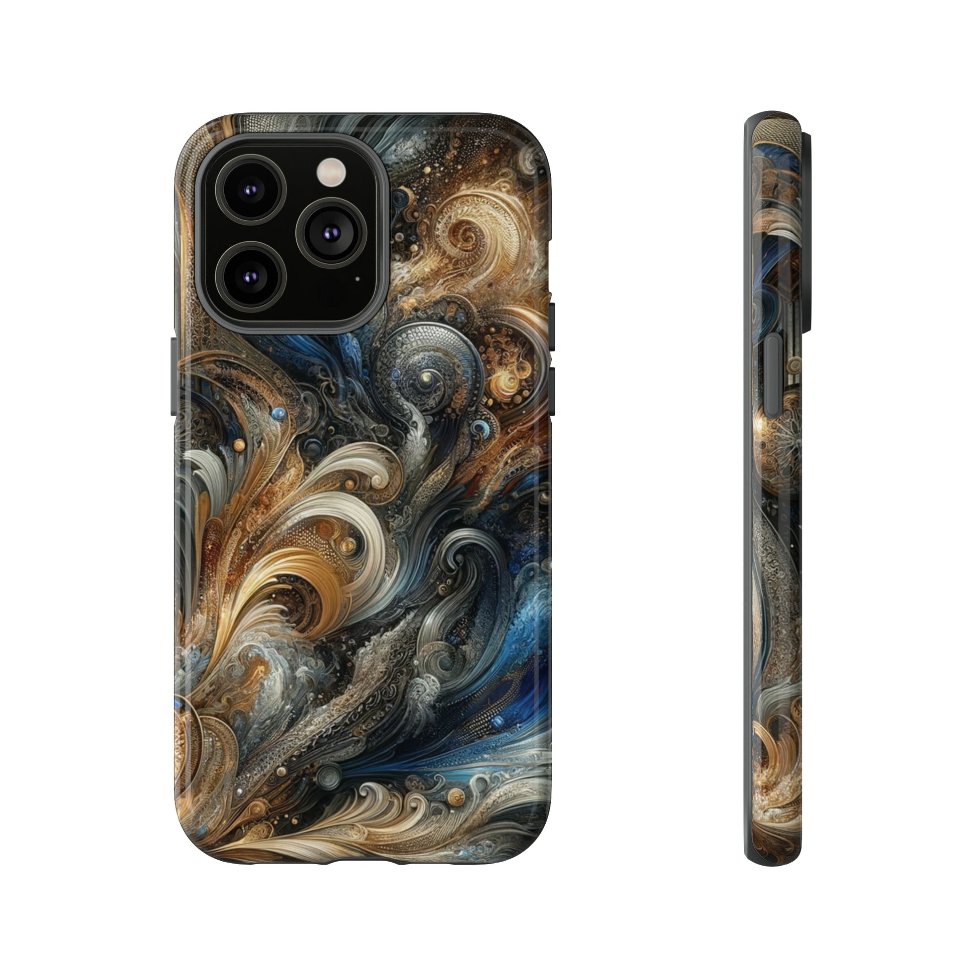 Gold and Navy Art Design Luxury Phone Tough Case Floral Elegant Durable Stylish for Modern Devices iPhone 15, Samsung iPhone Samsung Accessory Gift for Her.