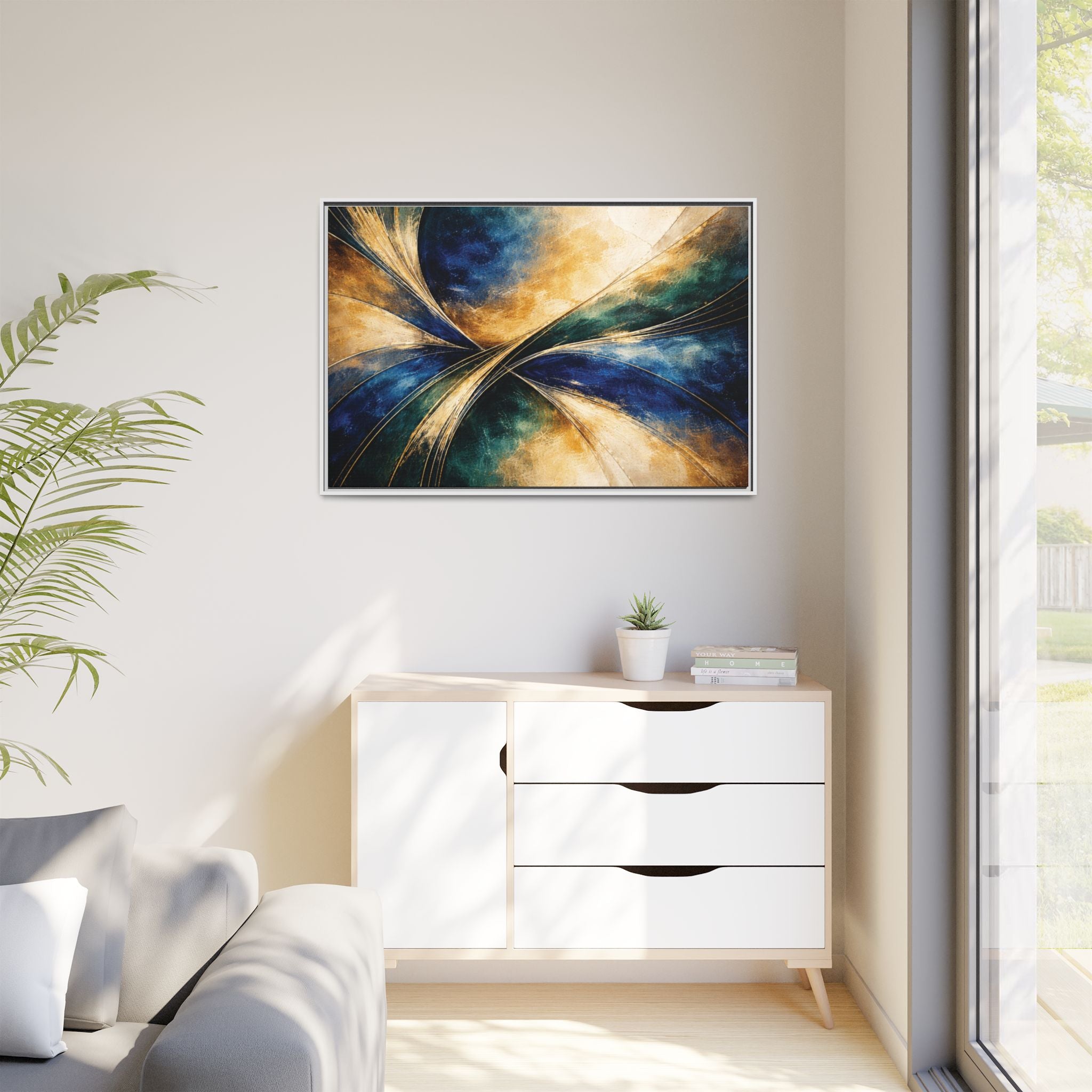 Gilded Convergence  Luxe NeoDeco Blue & Gold Abstract Wall Art Framed