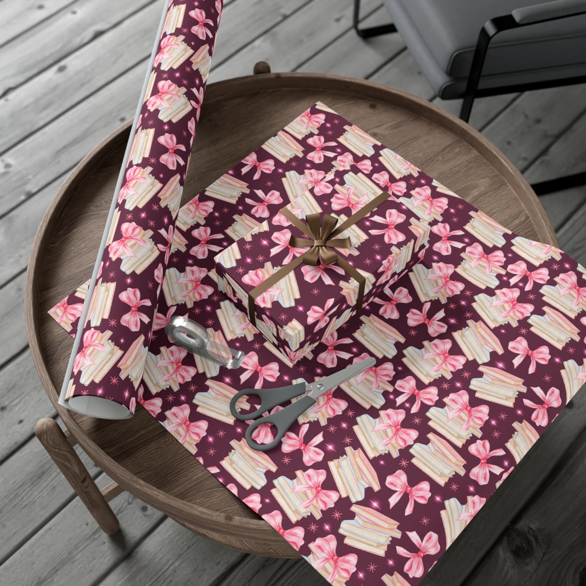 Coquette Pink Bows Books Plum Wrapping Paper Festive Holiday Gift Wrap with Perfect for Christmas Presents, Crafting, & Holiday Decor – Premium Quality - MRSBYVALLE