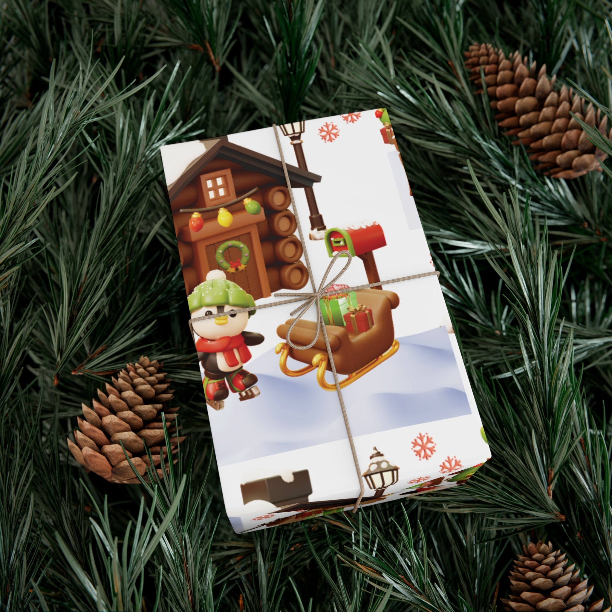 Papier Cadeau Illusion 3D Pingouin Motif Pingouin Hivernal Mignon et Scène de Cabane Sous la Neige, Papier Cadeau de Noël Festif, Papier Cadeau de Fêtes en 3 TaillesParfait pour les Cadeaux Saisonniers
