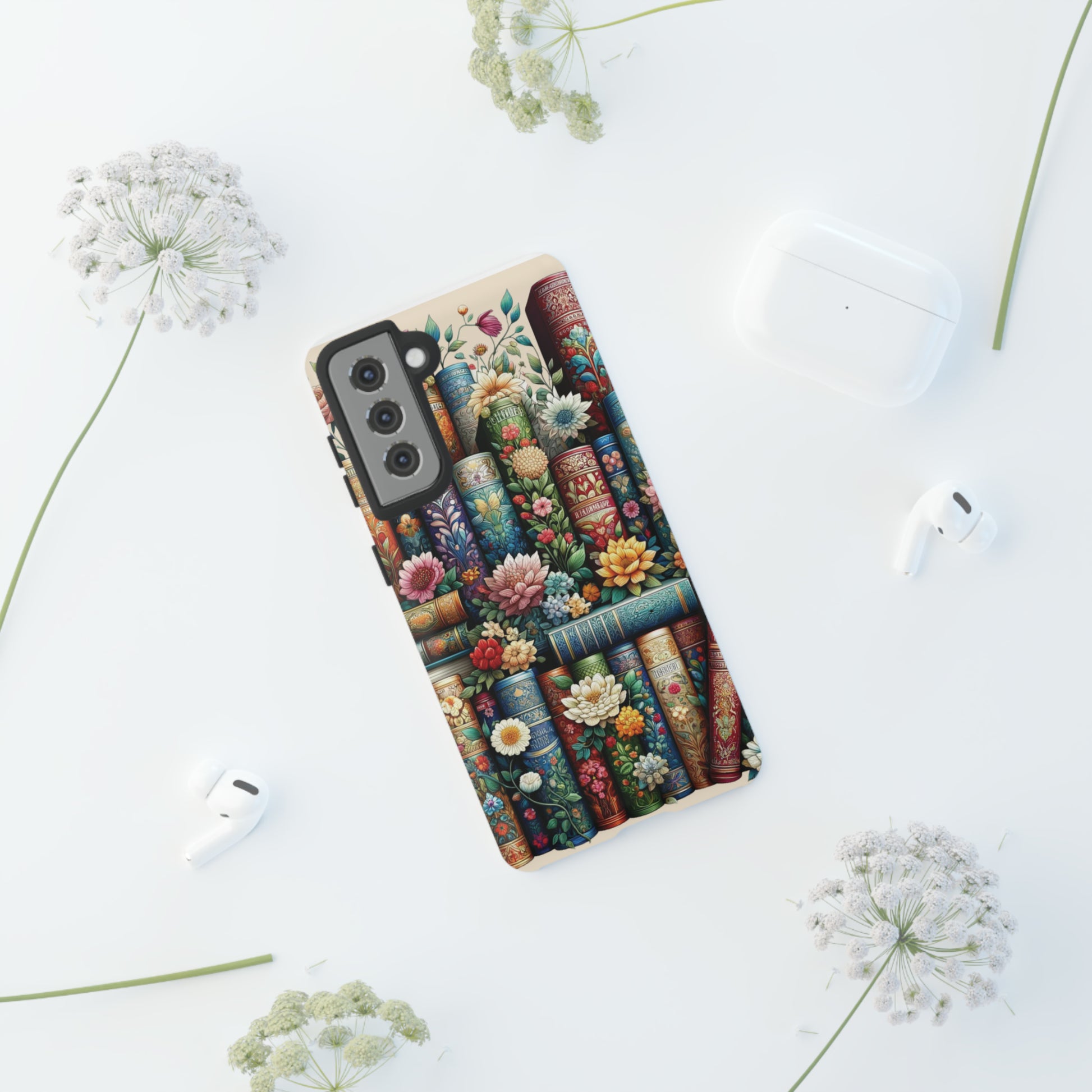 Books and Floral Boho Luxury Phone Tough Case Floral Elegant Durable Stylish for Modern Devices iPhone 15, Samsung iPhone Samsung Accessory Gift for Her.