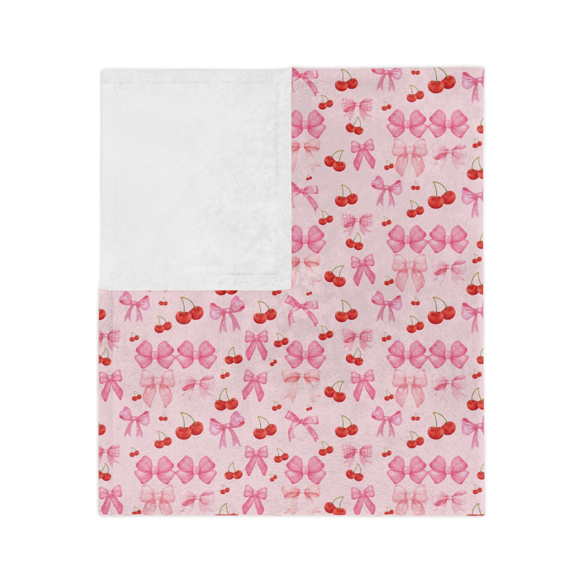 Minky Blanket Coquette Cherry Ribbon Bows Design in Luxurious 100% Polyester Cozy Comfort Throw Ultra-Soft Microfiber Comfort Blanket, Perfect for Snuggling Decor, Cozy All-Season Warmth, Comfort Housewarming Gift Throw.