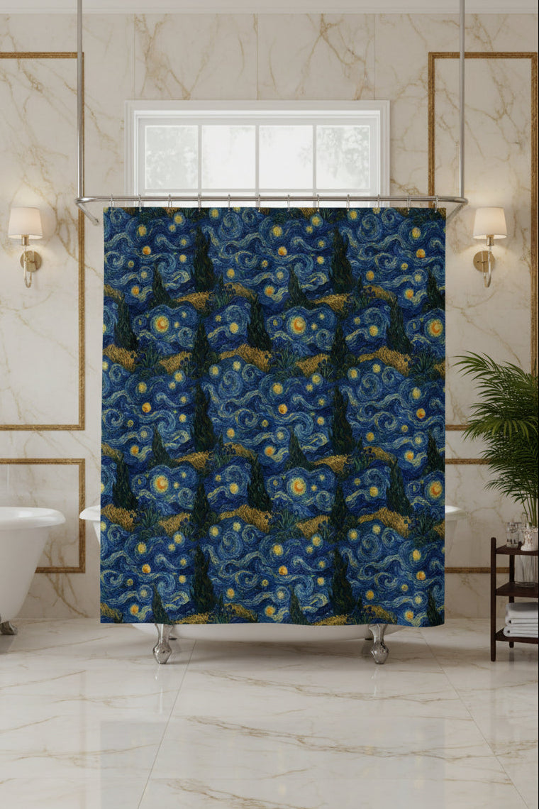 Shower curtain with a starry night design on a white background