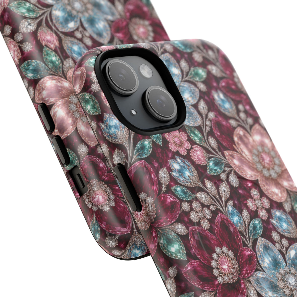 Floral faux Jewel Phone Case Sparkling Burgundy Flower Tough Magnetic Case 18 iPhone