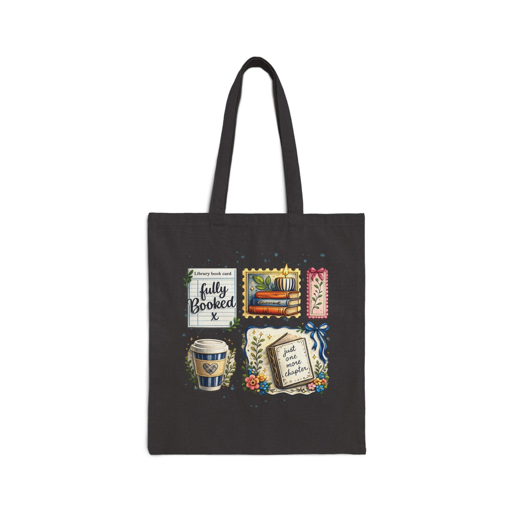 Tote Bag — "Fully Booked" Book Lover Canvas Tote with Stack of Books, Coffee & Floral Bookmark