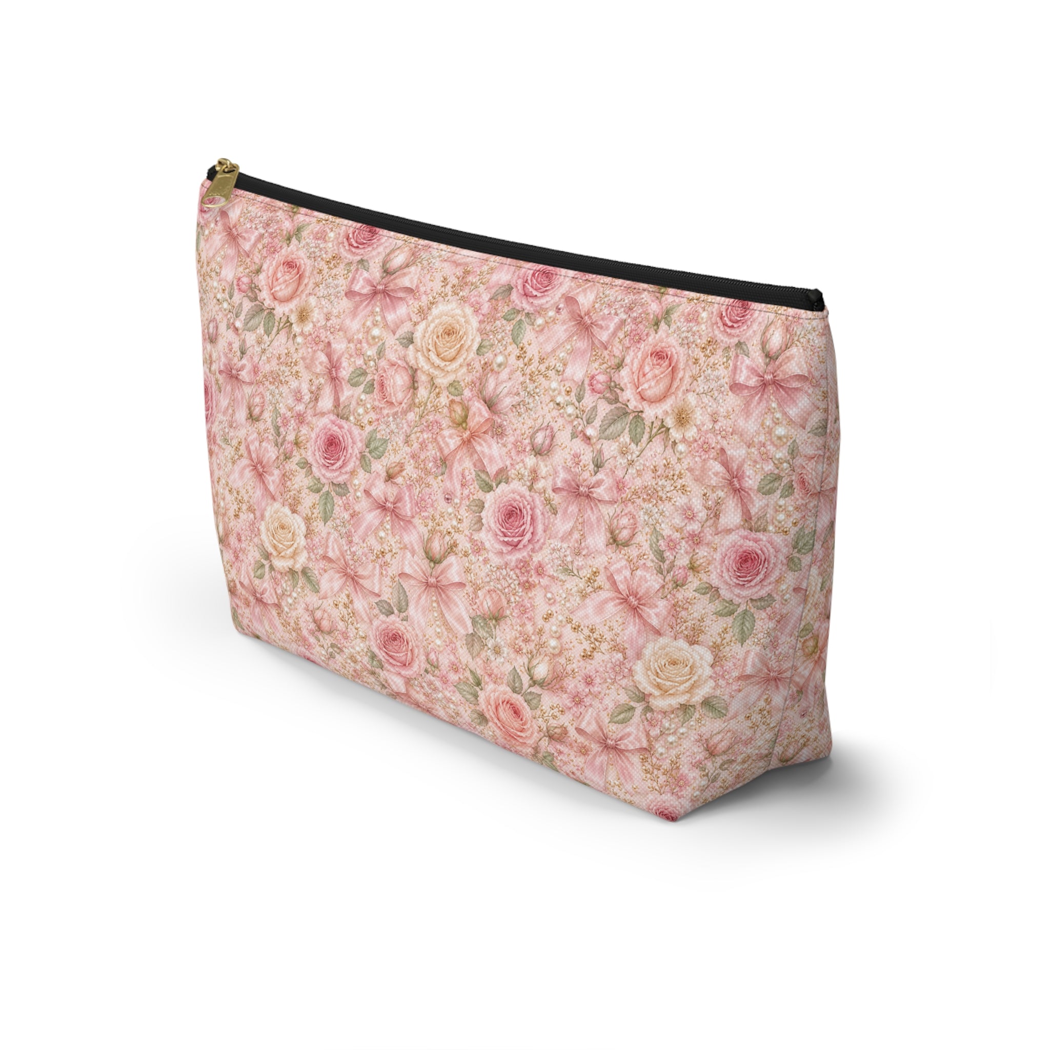 Blush Rose & Satin Bow Makeup Pouch, Luxury Coquette Floral Cosmetic Bag, Elegant Travel Beauty Organizer