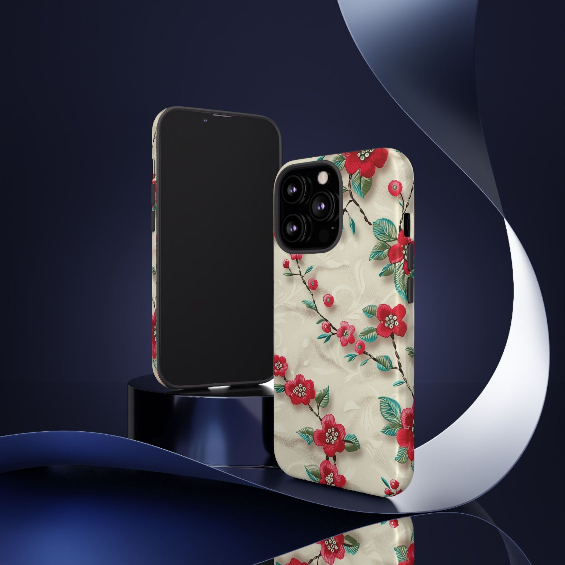 3D Embroidery Illusion Red Flowers Phone Case for iPhone, Samsung Pixel Artistic Floral Protection 15 14 13 12, 21 23 Gift for Her Perfect for Floral Lover