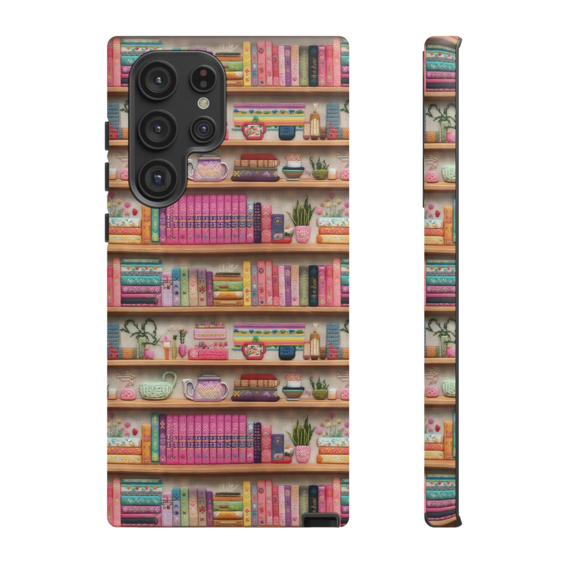 Whimsical 3D Embroidery Illusion Books on Pastel Shelves Phone Case for iPhone, Samsung & Pixel: Unique Accessory for Literary Enthusiasts Gift for Her Perfect for Floral Lover