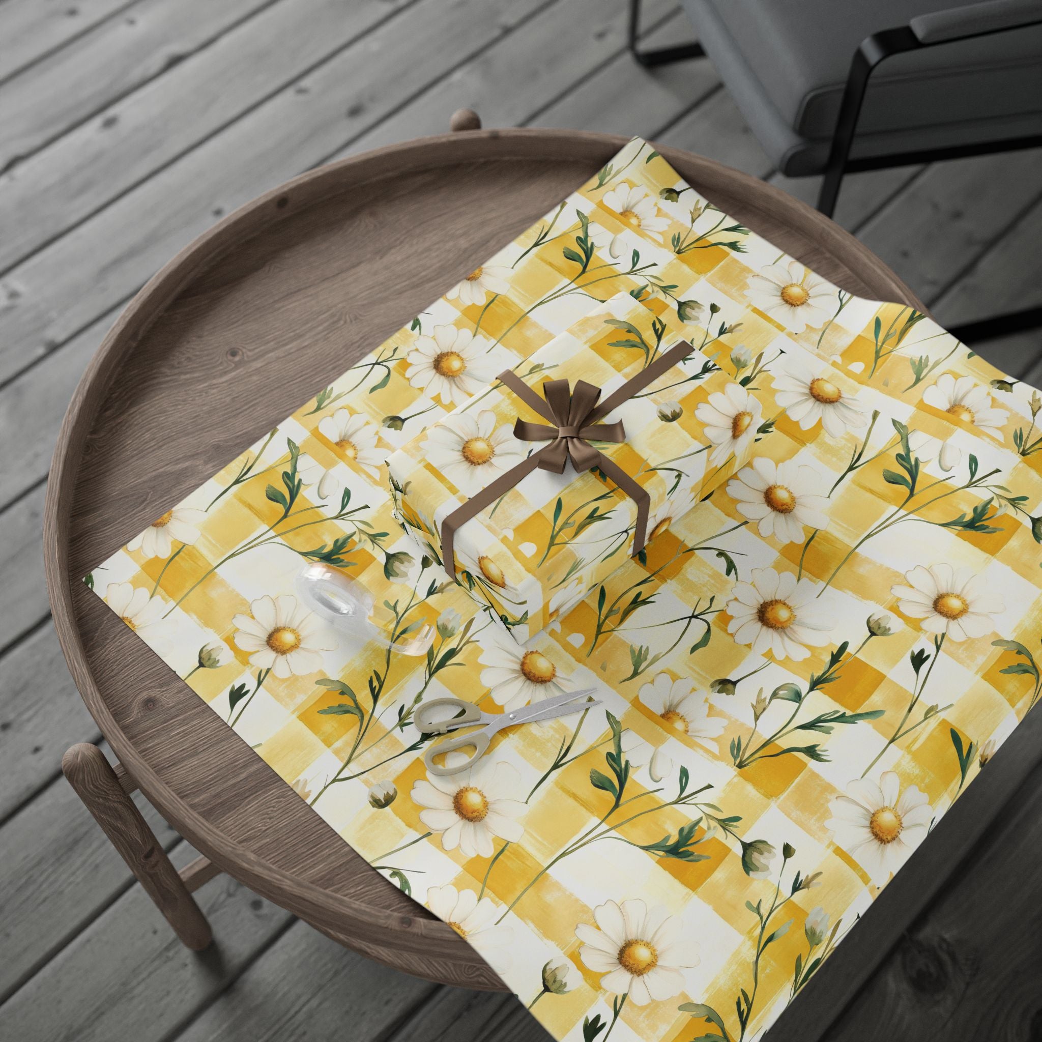 Papier Cadeau Jaune Pastel à Carreaux Marguerite — Papier Cadeau Floral Printanier