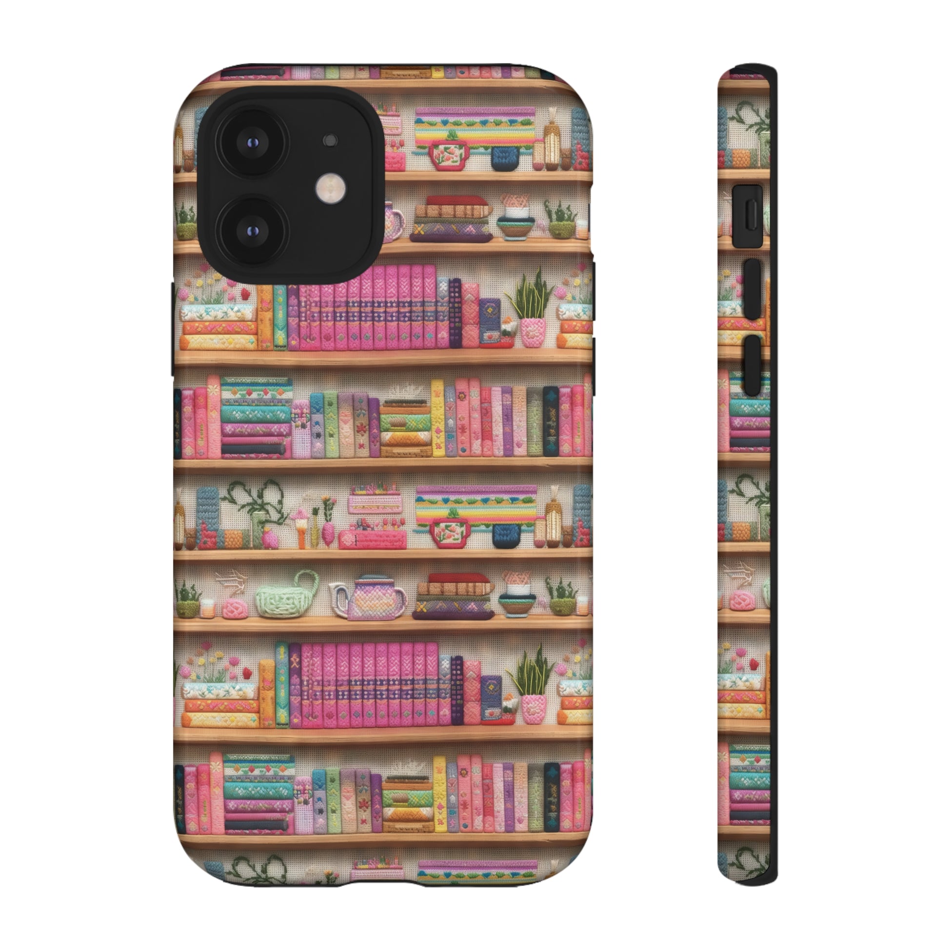 Phone Case 3D Illusion Books & Shelf Embroidery Design with Vibrant Colors Gift for Her Phone 15, Samsung iPhone Samsung Gift for Her Case iPhone 15, Samsung iPhone Samsung Accessory Gift for Her.