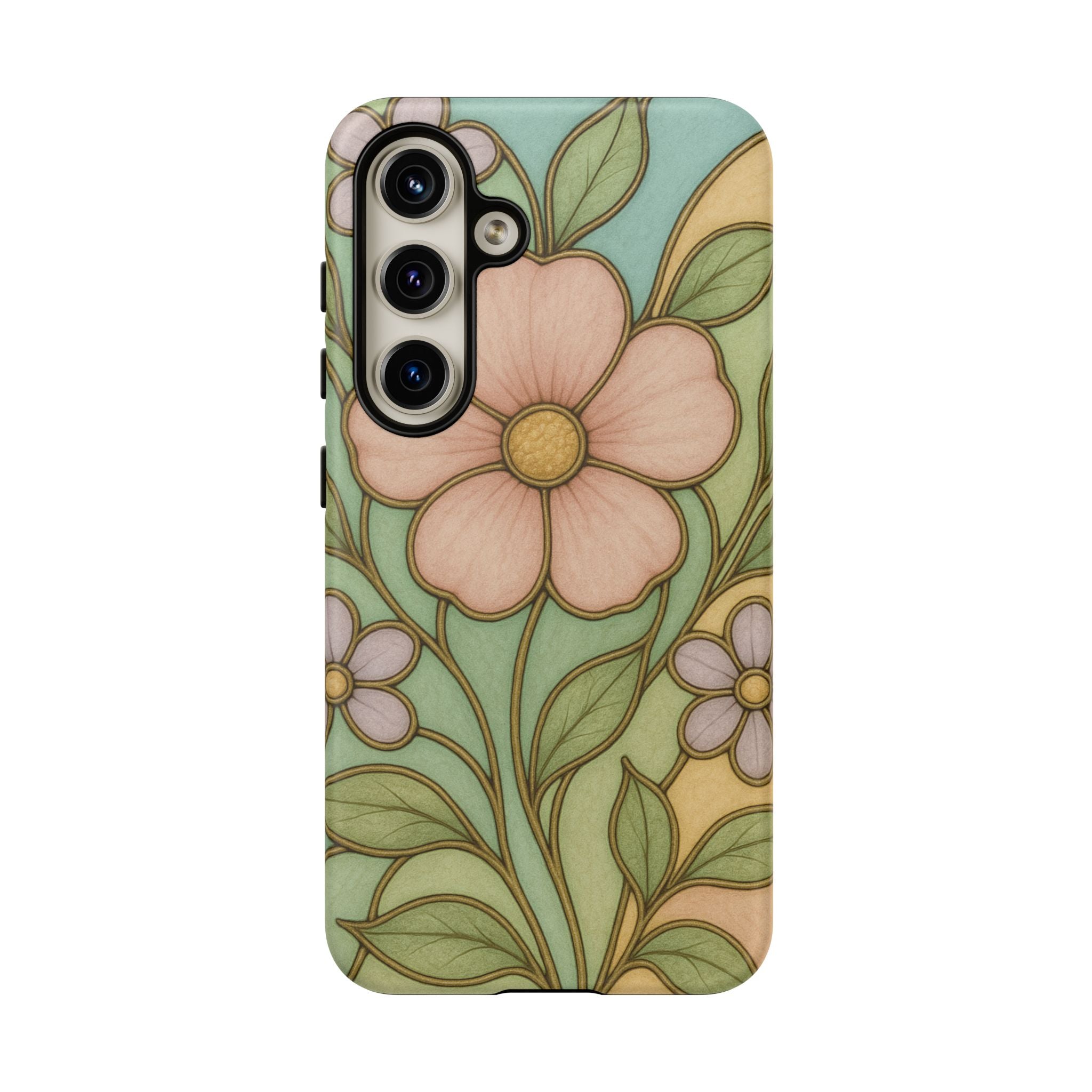 Pastel Pink, Yellow Stain Glass Illusion Floral Phone Case  Romantic Cottagecore Aesthetic, Soft Botanical Design, Protective Gift for Her, Fits iPhone & Samsung Models