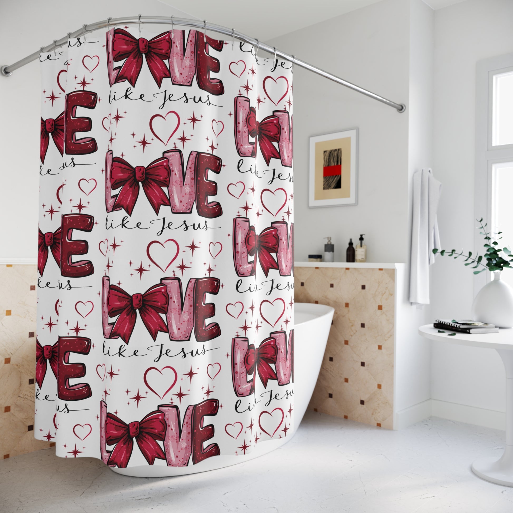Shower Curtains, Love like Jesus Red Bows and Hearts, Christian Bathroom Decor, Religious Home Accessories, Inspirational Shower Curtain Charm