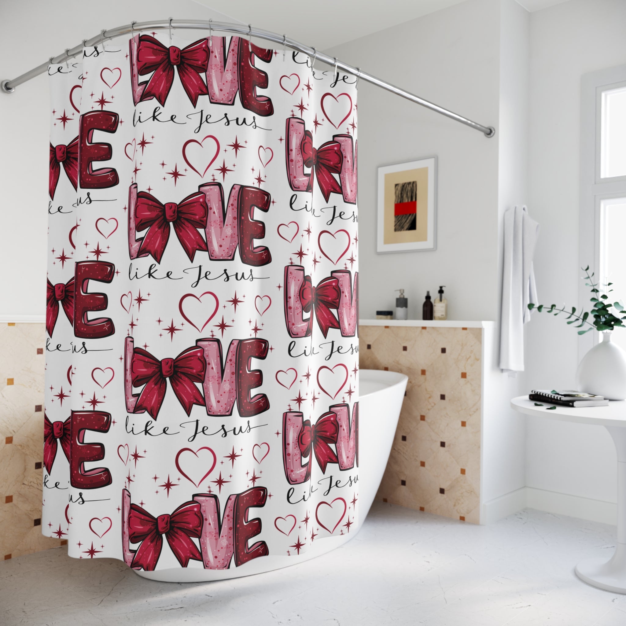 Shower Curtains, Love like Jesus Red Bows and Hearts, Christian Bathroom Decor, Religious Home Accessories, Inspirational Shower Curtain Charm