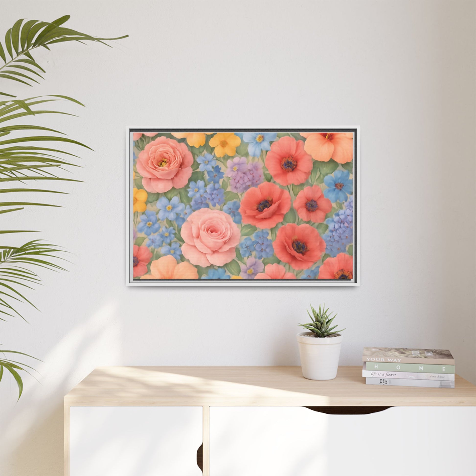 Luxury Framed Floral Canvas – Bold Multi-Color Botanical Wall Art, Elegant Nature-Inspired Accent for Living Room, Bedroom, or Office Décor Gift for Mom