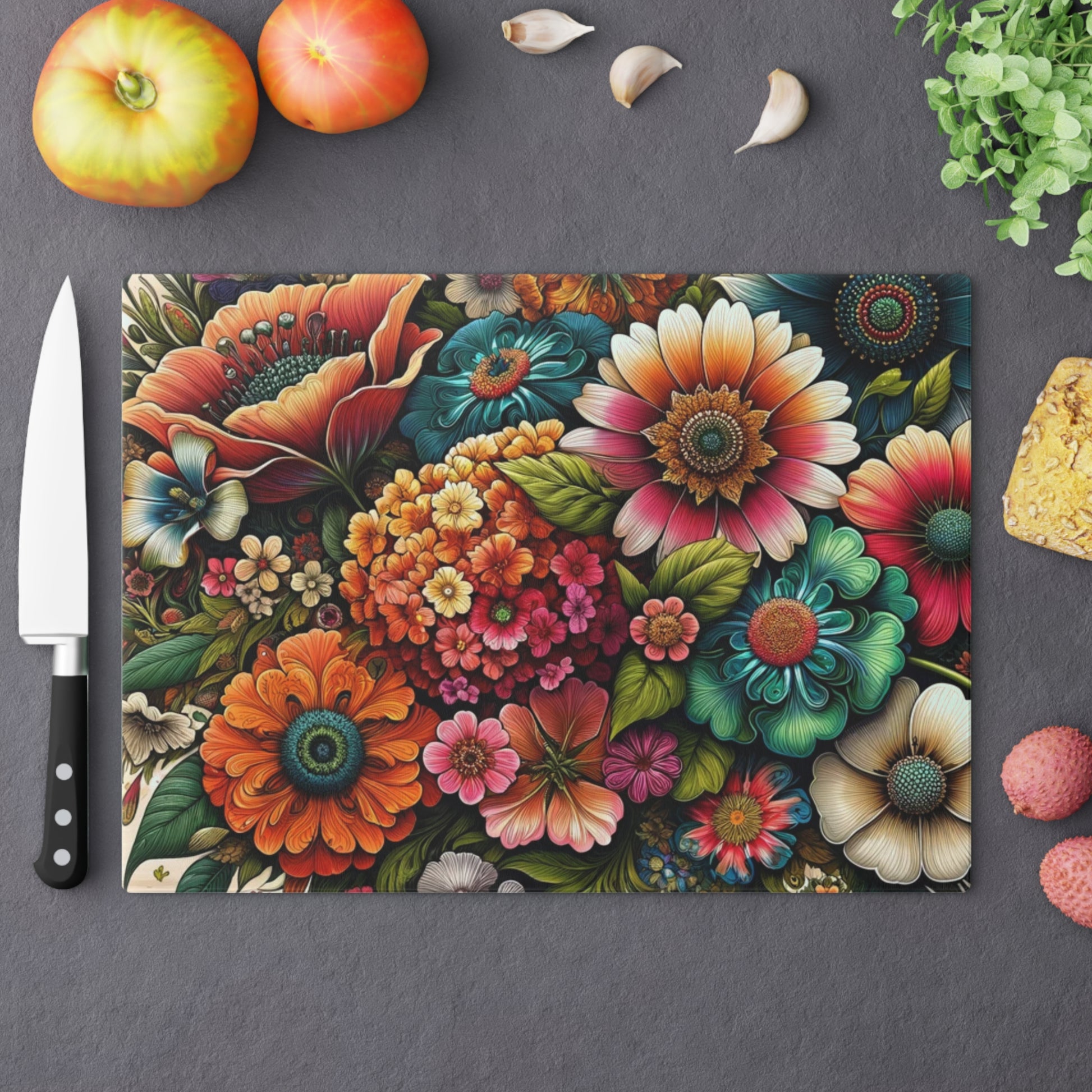 Cutting Board Bright Floral Tempered Glass Cutting Board Durable Kitchen Decor with Elegant Flower Design, Housewarming, New House Gift - MRSBYVALLE
