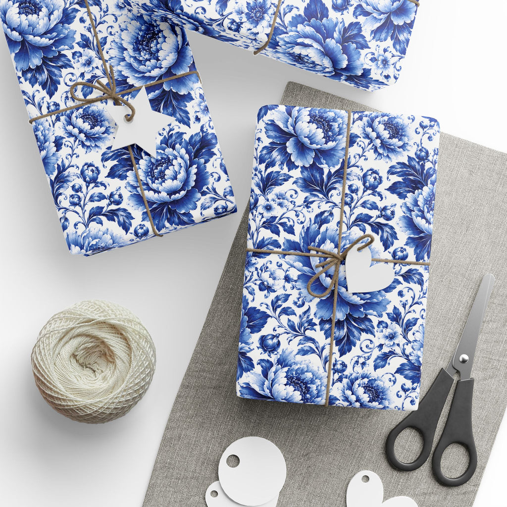 Blue & White Chinoiserie Peony Floral Luxury Gift Wrapping Paper Elegant Gift Wrap for Weddings & Holidays