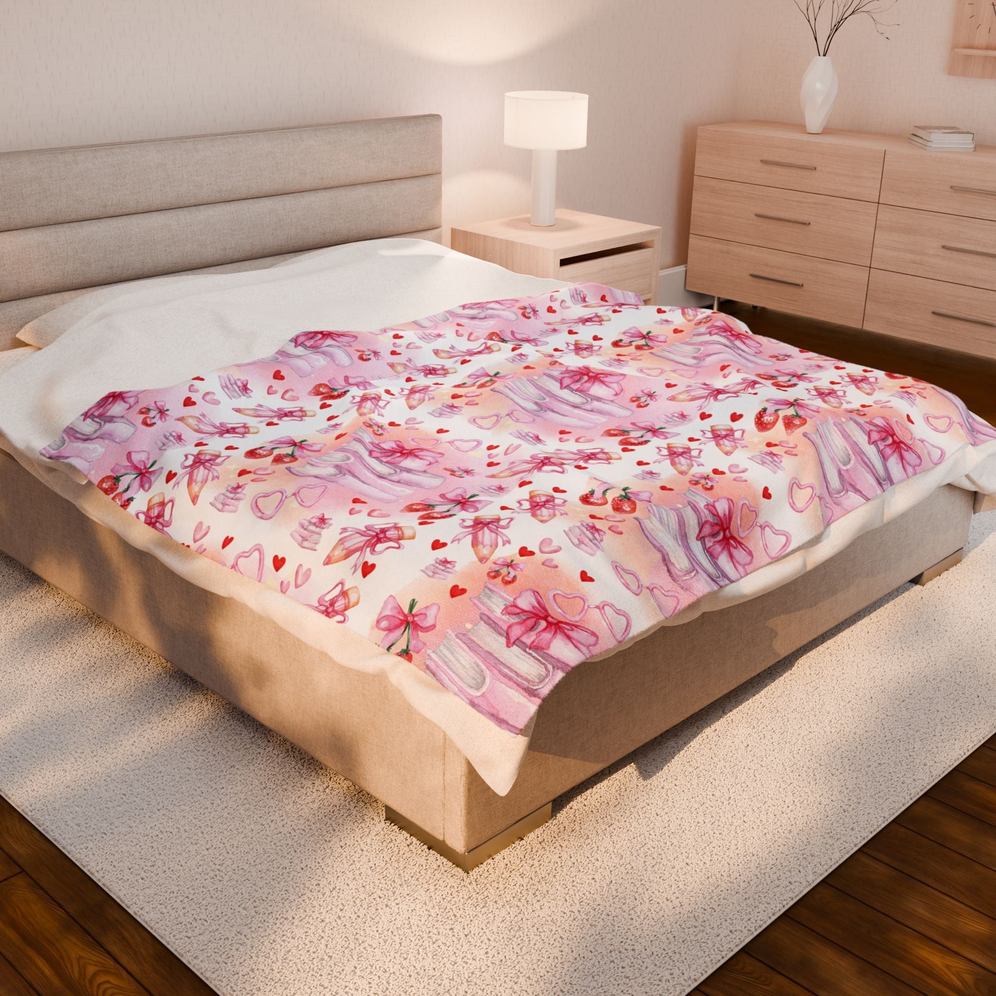 Romantic Pink Watercolor Books Bows Velveteen Plush Blanket Cozy Book Nook