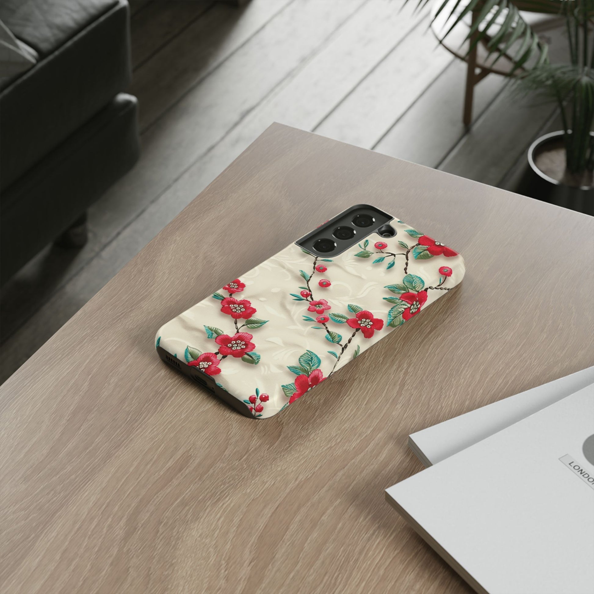 3D Embroidery Illusion Red Flowers Phone Case for iPhone, Samsung Pixel Artistic Floral Protection 15 14 13 12, 21 23 Gift for Her Perfect for Floral Lover