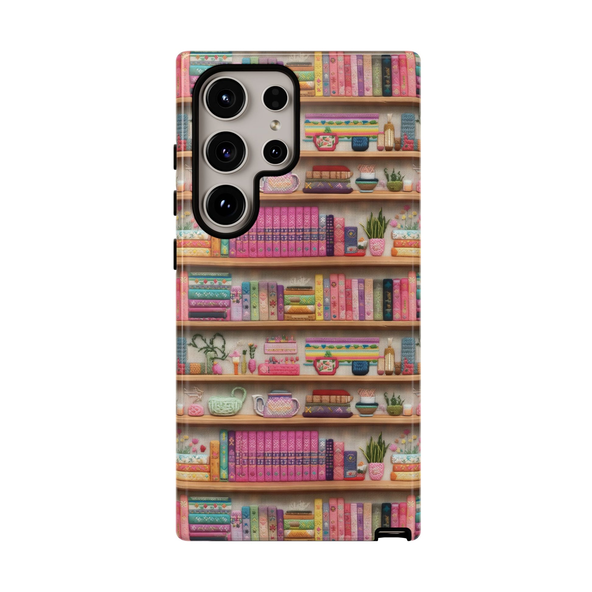 Whimsical 3D Embroidery Illusion Books on Pastel Shelves Phone Case for iPhone, Samsung & Pixel: Unique Accessory for Literary Enthusiasts Gift for Her Perfect for Floral Lover