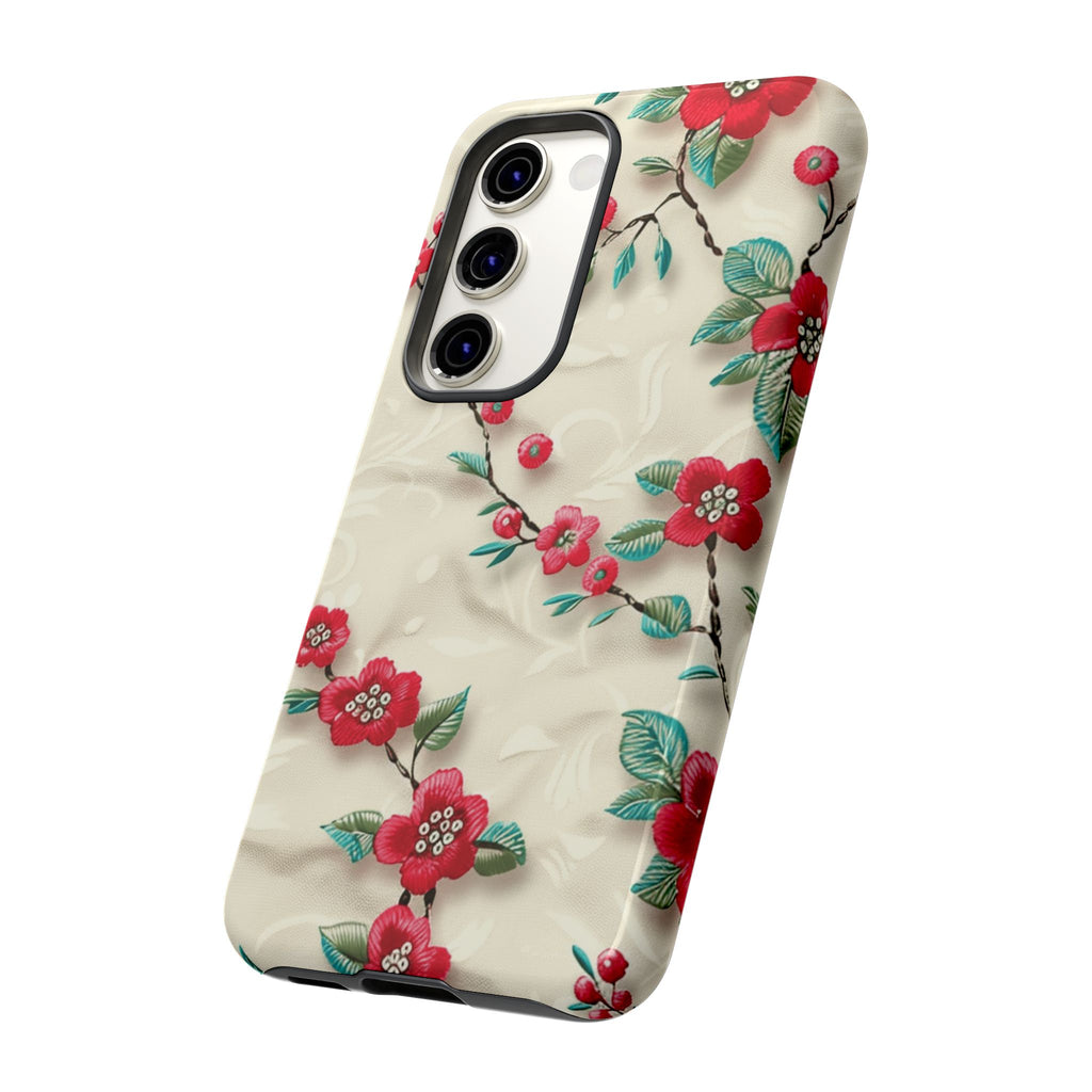 3D Embroidery Illusion Red Flowers Phone Case for iPhone, Samsung Pixel Artistic Floral Protection 15 14 13 12, 21 23 Gift for Her Perfect for Floral Lover