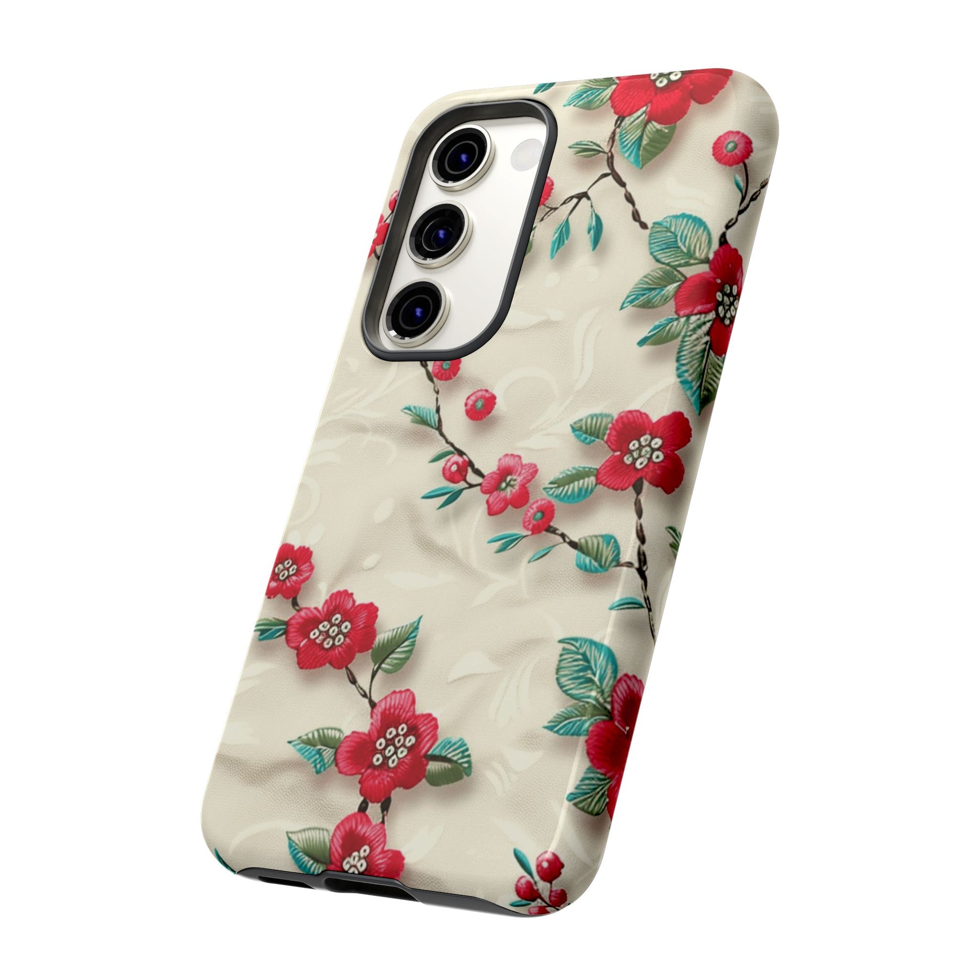 3D Embroidery Illusion Red Flowers Phone Case for iPhone, Samsung Pixel Artistic Floral Protection 15 14 13 12, 21 23 Gift for Her Perfect for Floral Lover