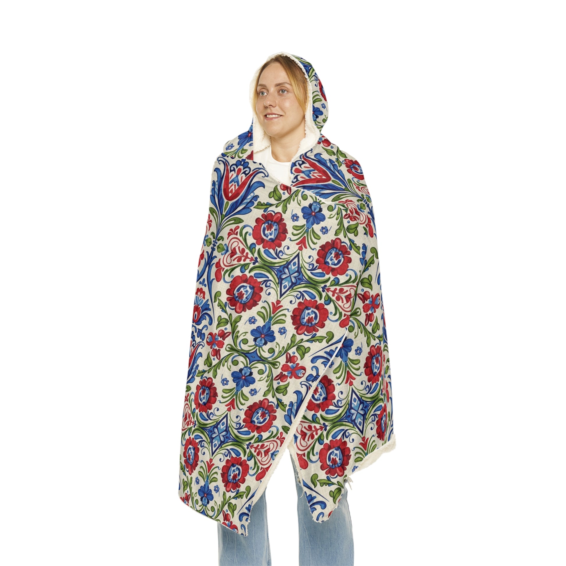 Kashubian Folk Art Hooded Blanket Traditional Polish Floral Wearable Throw Perfect Gift Birthday, Christmas