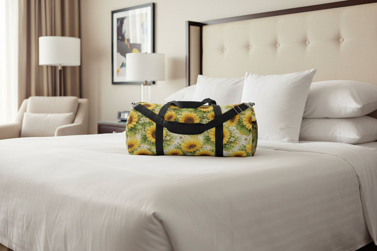 Duffel bag with sunflower pattern on a white background