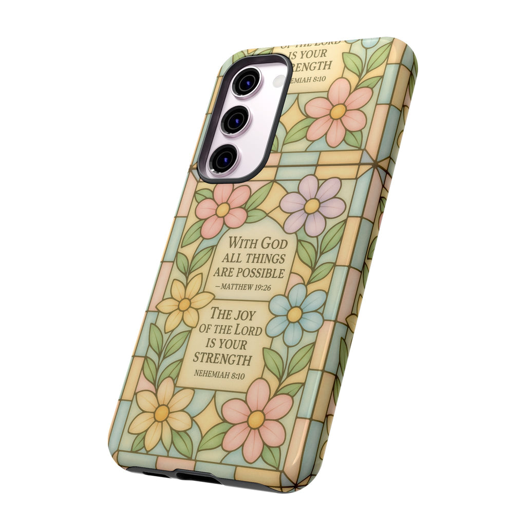 Pastel Stained Glass Bible Verse Phone Case Christian Affirmation Cover, Soft Geometric Design, iPhone Samsung Google, Faith Gift for Her Bible Verse or Affirmation | Protective, Inspirational Gift for Christians