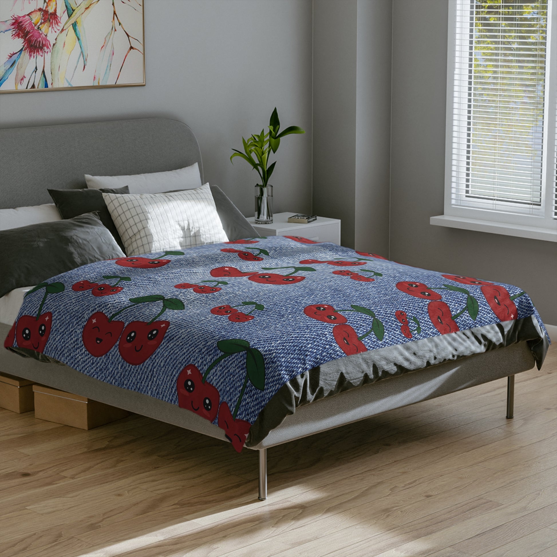 Luxurious Minky Blanket with Faux Denim Cherry Design Cozy Comfort Throw Ultra-Soft Microfiber Comfort Blanket, Perfect for Snuggling Decor, Cozy All-Season Warmth, Blanket Luxurious Comfort Housewarming Gift Throw.
