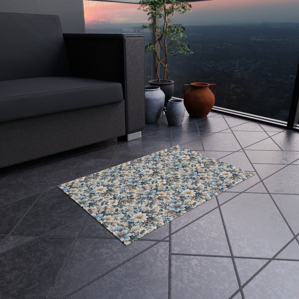 Icy Blue Floral Outdoor Patio Rug