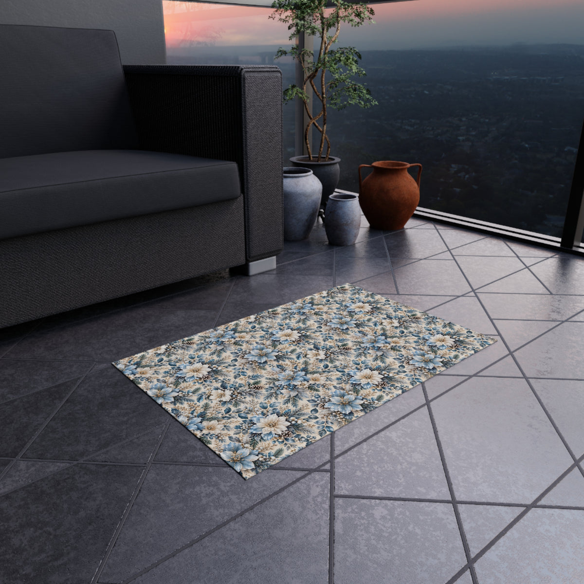 Icy Blue Floral Outdoor Patio Rug