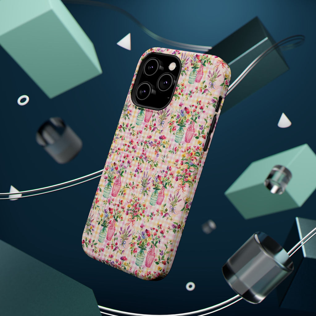 Turquoise & Pink Floral Checker Phone Case — Magnetic Impact-Resistant