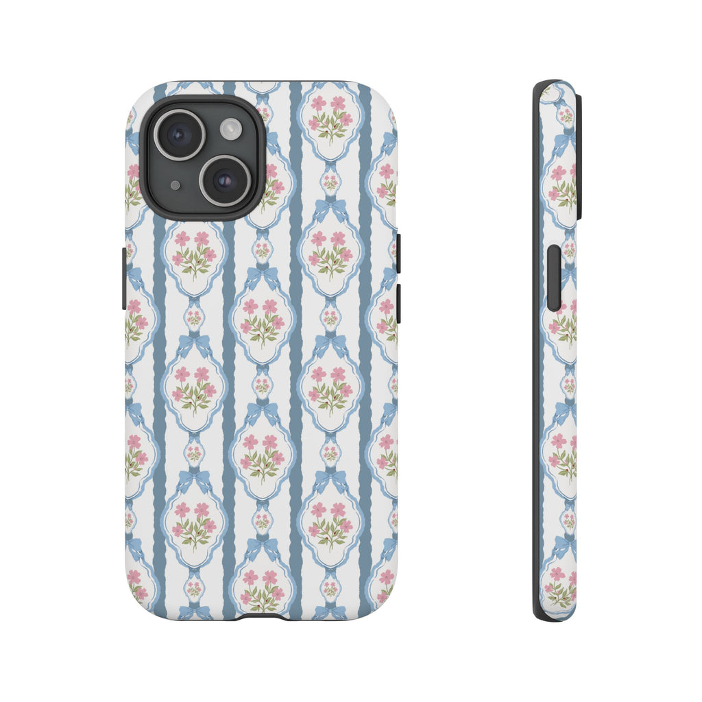 Coque de téléphone Vintage Nœud Bleu et Rose — Motif floral romantique « Tough Cases »