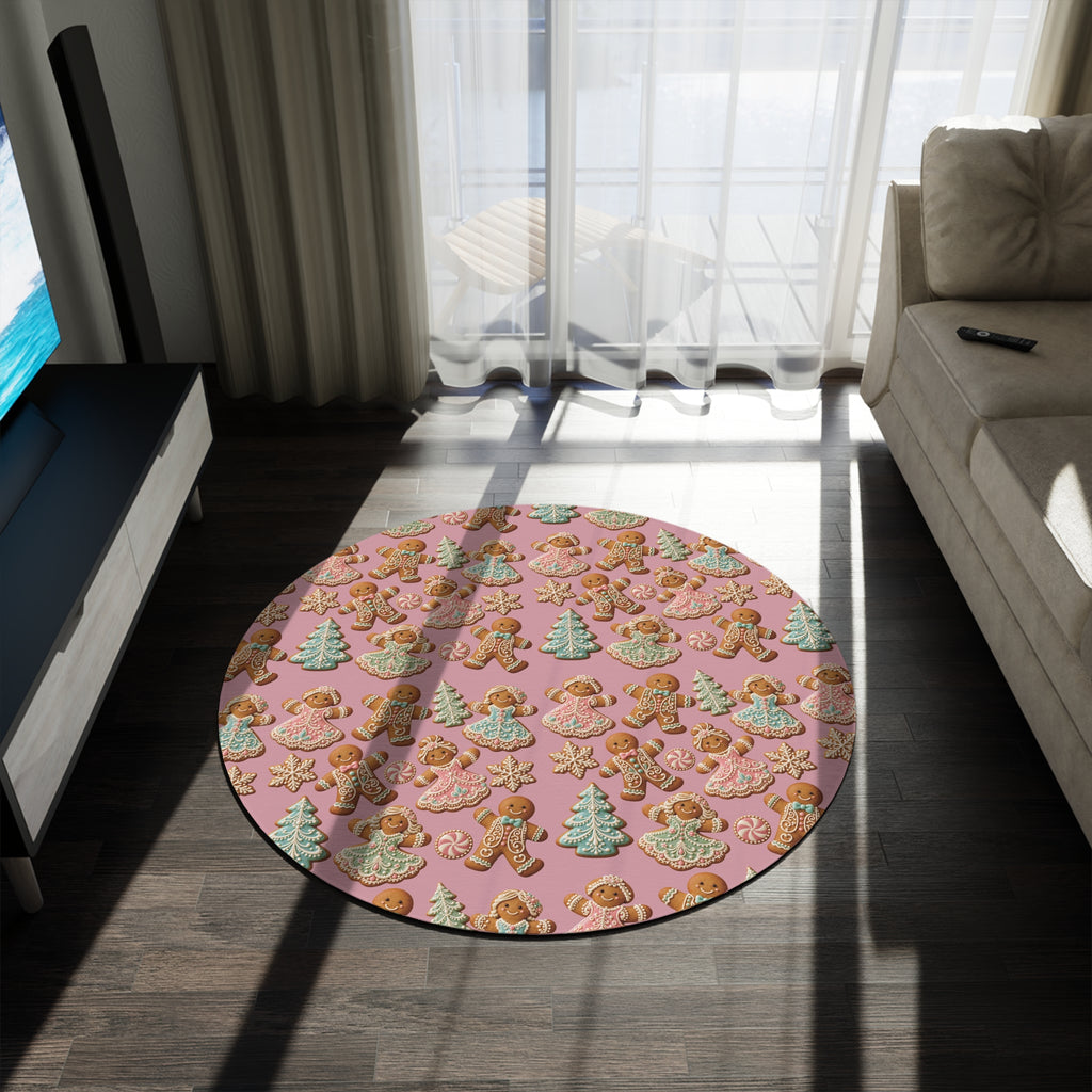 Christmas Gingerbread Round Rug — Pink Holiday Cookie Pattern Floor Mat Office