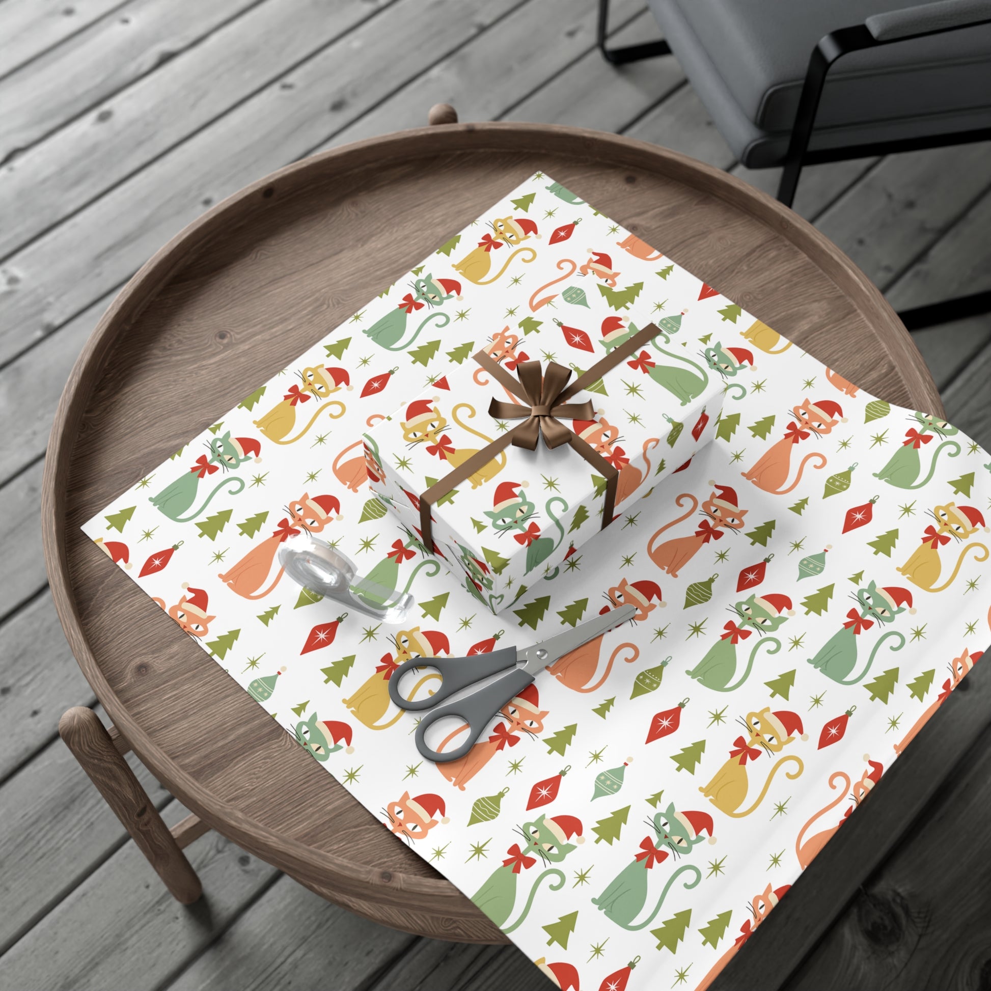 Christmas Atomic Cat Wrapping Paper, Retro Gift Wrap, Pastel Mid-Century Kitty Design, Vintage Holiday 30x20, 30x72, 30x144 Perfect for all Occasion
